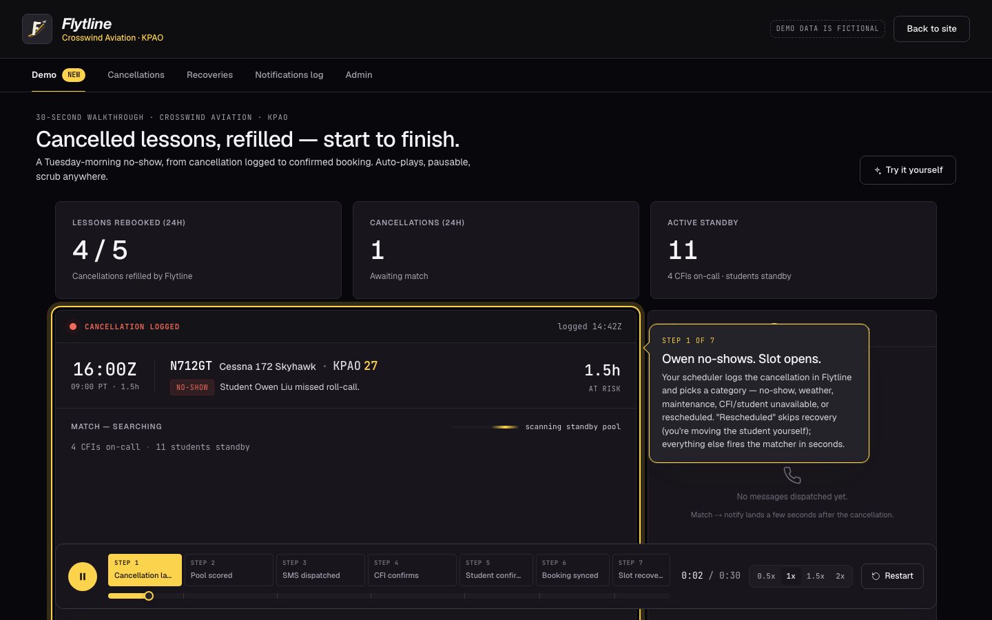 Flytline public walkthrough showing a cancelled lesson being refilled